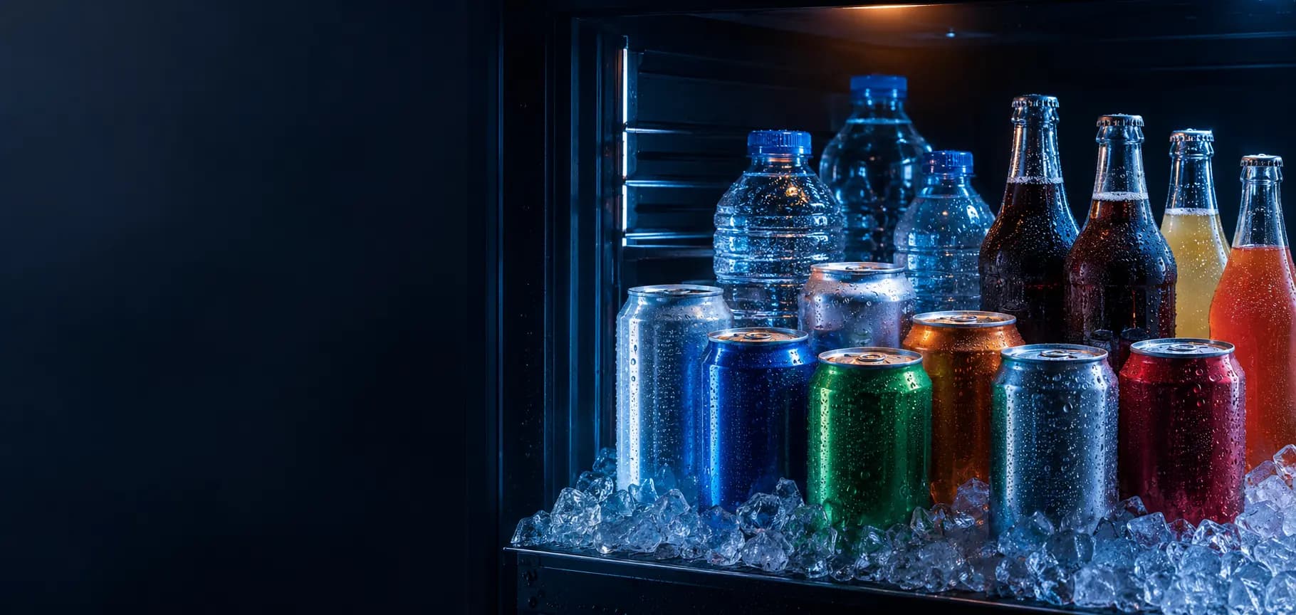 Bebidas geladas em um expositor refrigerado